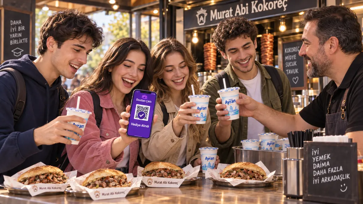 Öğrenciler Murat Abi Kokoreç'te ayran hediyelerini alıyor